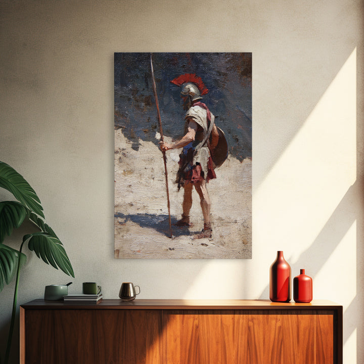 Solitary Roman Guard With Spear Wall Art, Ancient Soldier Canvas Print, Historical Warrior Decor, Masculine Office Art Gift