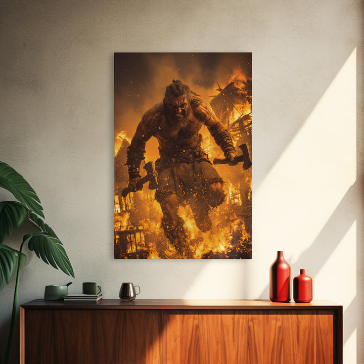 Fiery Berserker Giant With Axes, Dark Fantasy Wall Art, Viking Warrior Canvas, Gothic Decor, Man Cave, Statement Artwork Print
