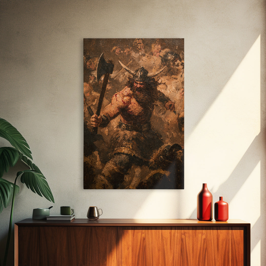 Epic Fierce Viking Berserker With Battle Axe Wall Art, Dark Fantasy Canvas Print, Norse Warrior Man Cave Decor, Gift For Him
