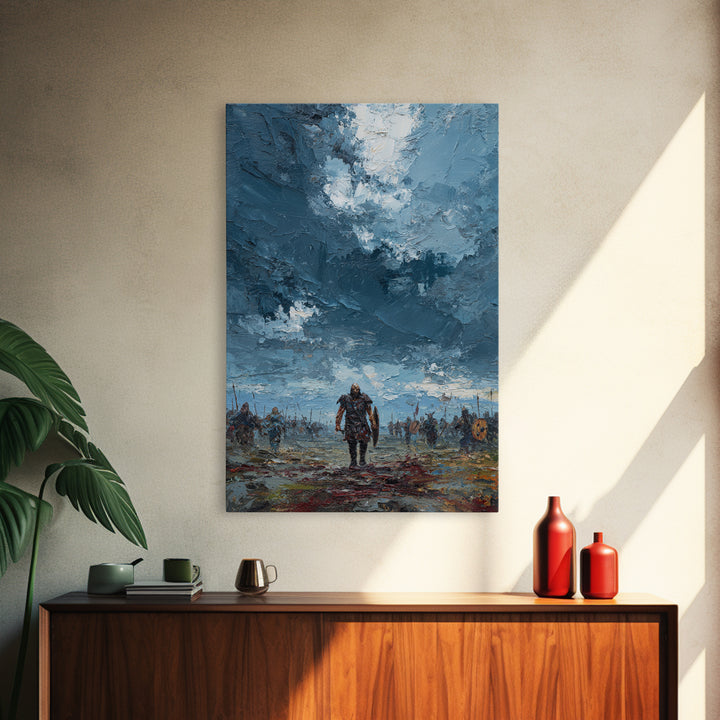 Warrior Walking Across Stormy Battlefield Wall Art, Textured Viking Canvas Print For Masculine Office Decor And Gift For Him