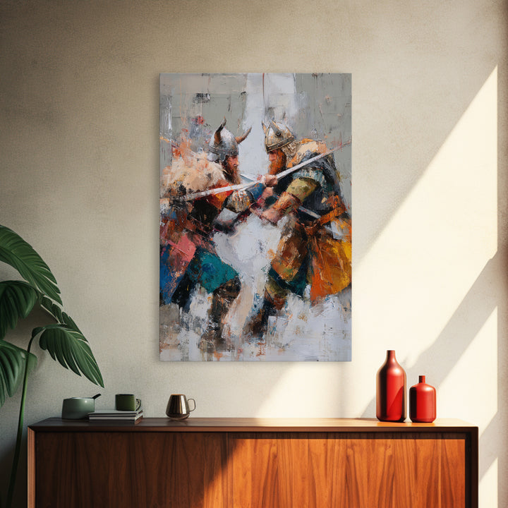 Viking Warriors Clashing Swords Canvas Print, Norse Battle Wall Art, Bold Historical Painting, Rustic Home Decor, Gift For Him