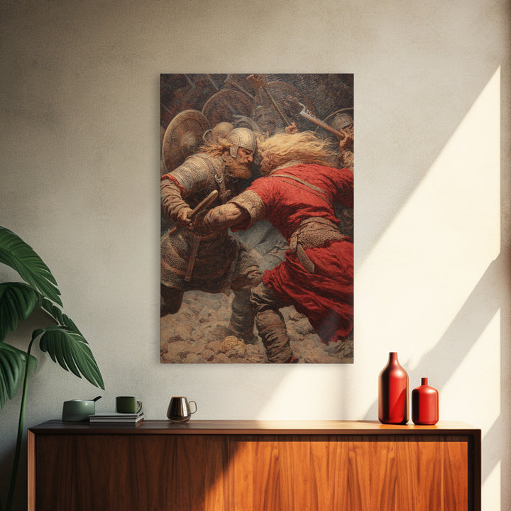 Viking Warriors Locked In Battle Wall Art, Norse Mythology Oil Painting, Historical Art Print, Rustic Man Cave Decor Gift