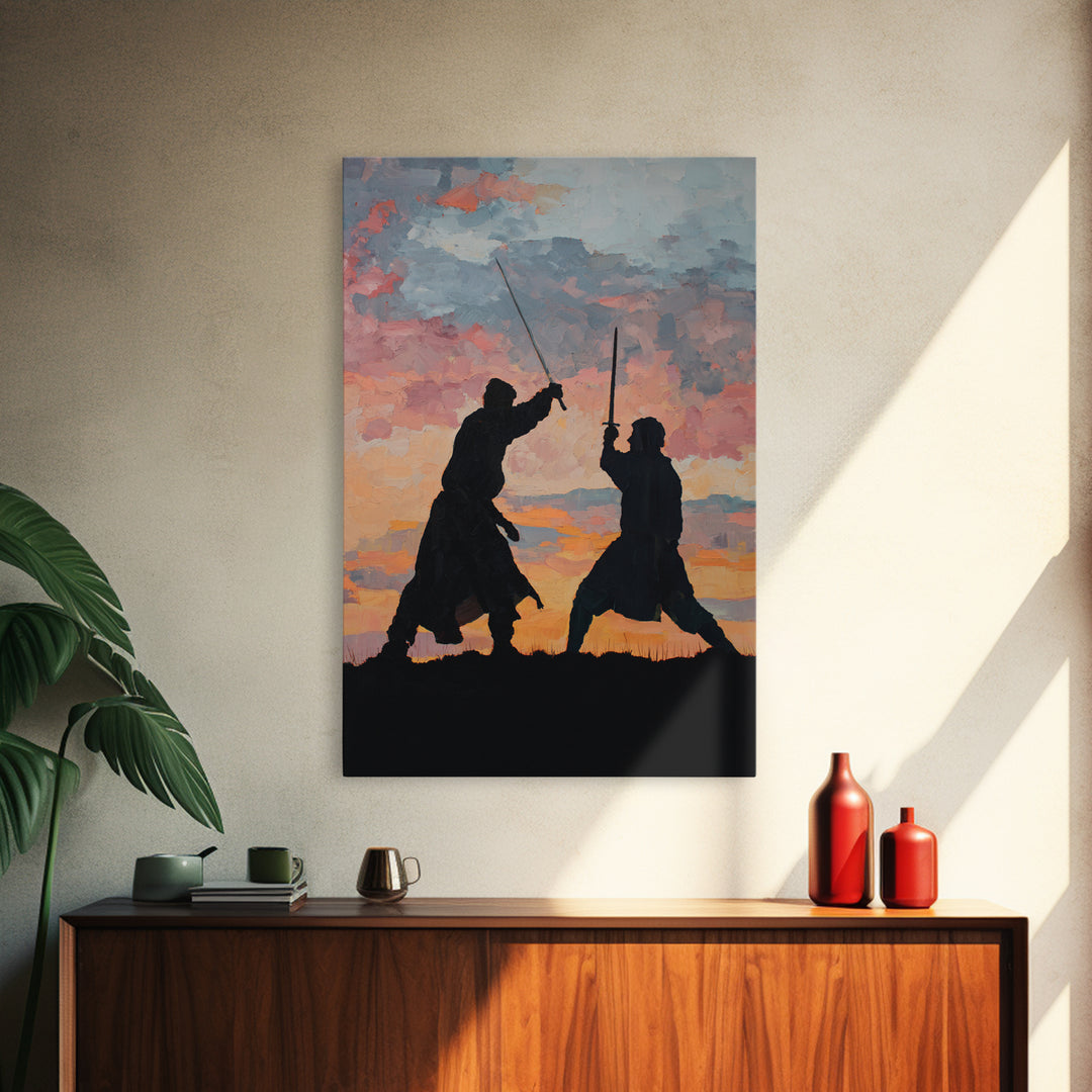 Samurai Sword Duel At Sunset Wall Art, Dramatic Warrior Canvas Print, Japanese Battle Decor, Martial Arts Gift For Him, Dojo Decor