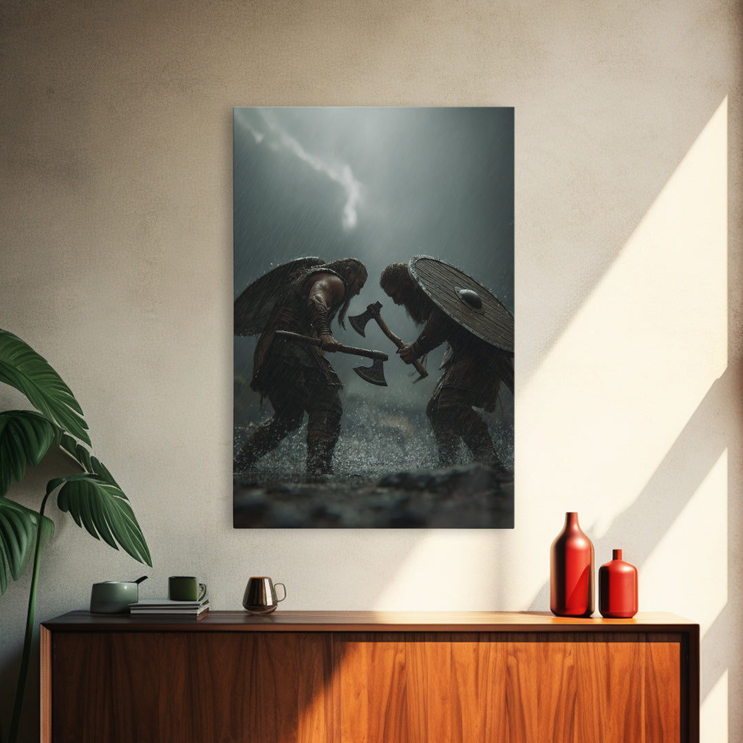 Viking Warriors Duel In Heavy Rain Wall Art, Nordic Battle Canvas Print, Dark Fantasy Decor, Masculine Office Art Gift For Him