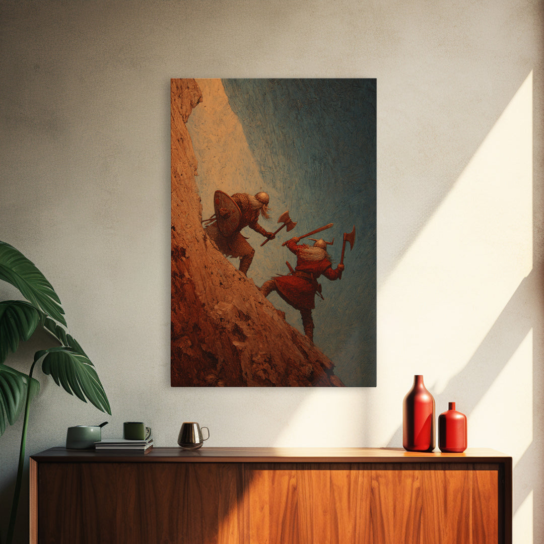 Viking Cliff Duel Wall Art, Norse Axes And Shields Fantasy Canvas Print, Warrior Battle Decor, Medieval Man Cave Wall Decor