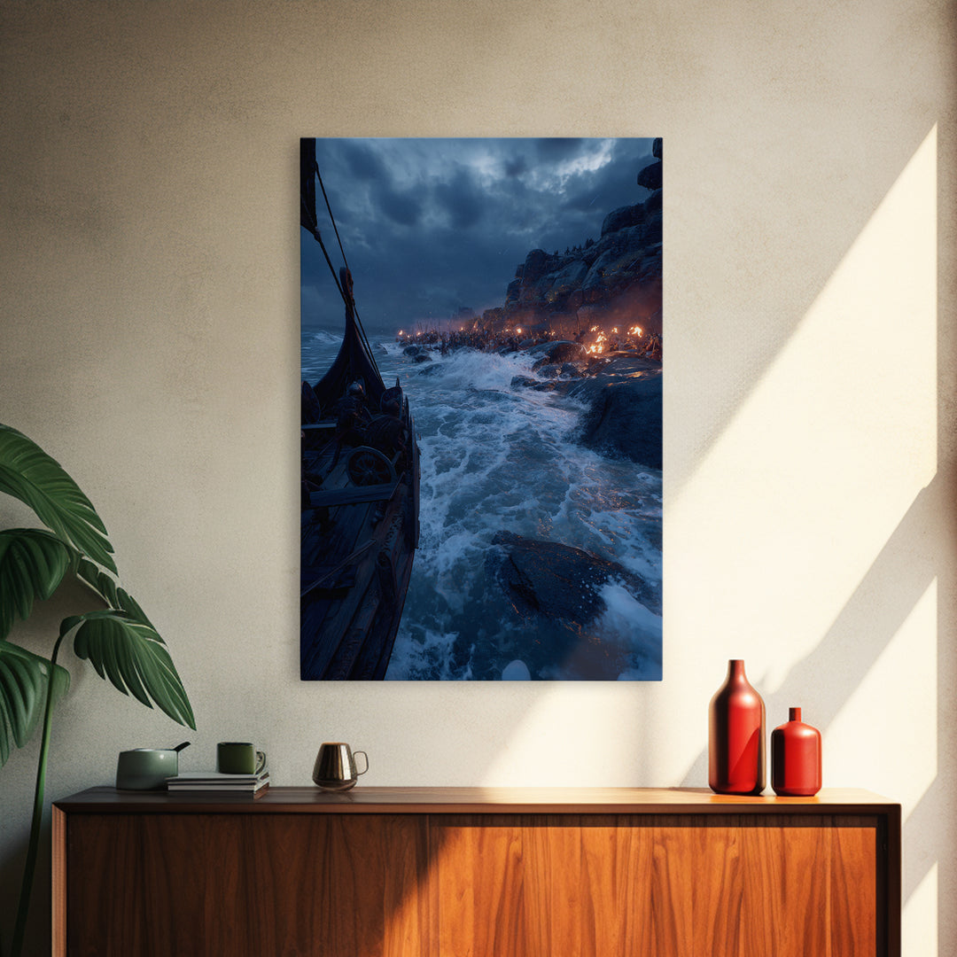 Viking Longship Landing On Stormy Coast Canvas Print, Norse Seascape Wall Art, Maritime Decor, Dark Fantasy Gift For Him