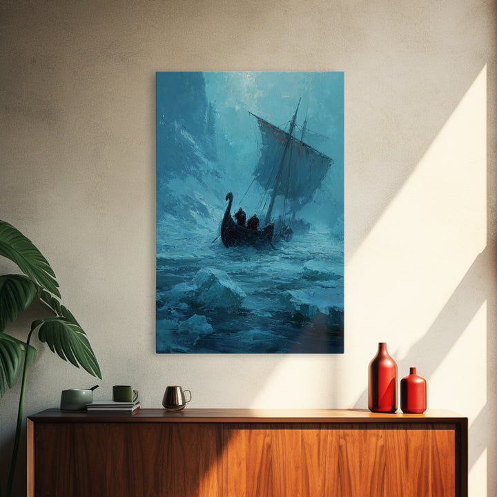 Icy Viking Ship At Sea Canvas Print, Nautical Wall Art, Norse Decor, Coastal Seascape, Fantasy Adventure Home Decor For Living Room