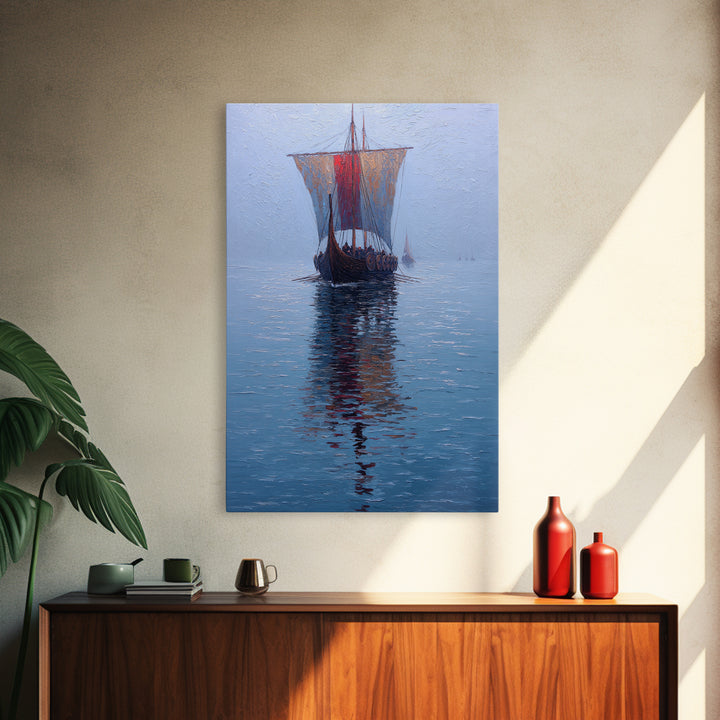 Viking Longship Sailing On Blue Water Framed Canvas Print, Nautical Wall Art, Nordic Seascape Decor, Lake House Art Print
