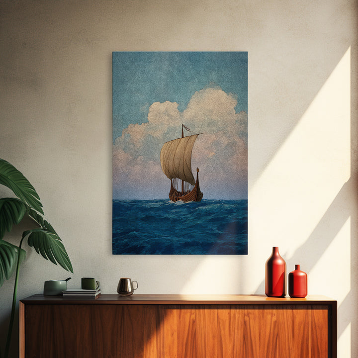 Viking Longship Sailing On Blue Sea Wall Art, Nautical Canvas Print, Scandinavian Coastal Decor, Historical Travel Poster