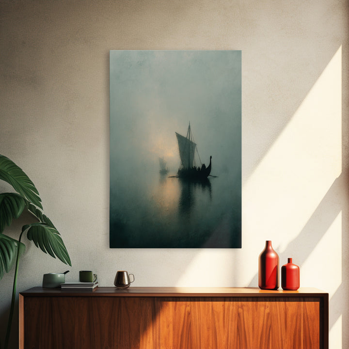 Misty Viking Sailboat On Foggy Water, Framed Canvas Print, Moody Seascape Wall Art, Nautical Decor, Nordic Coastal Art Print