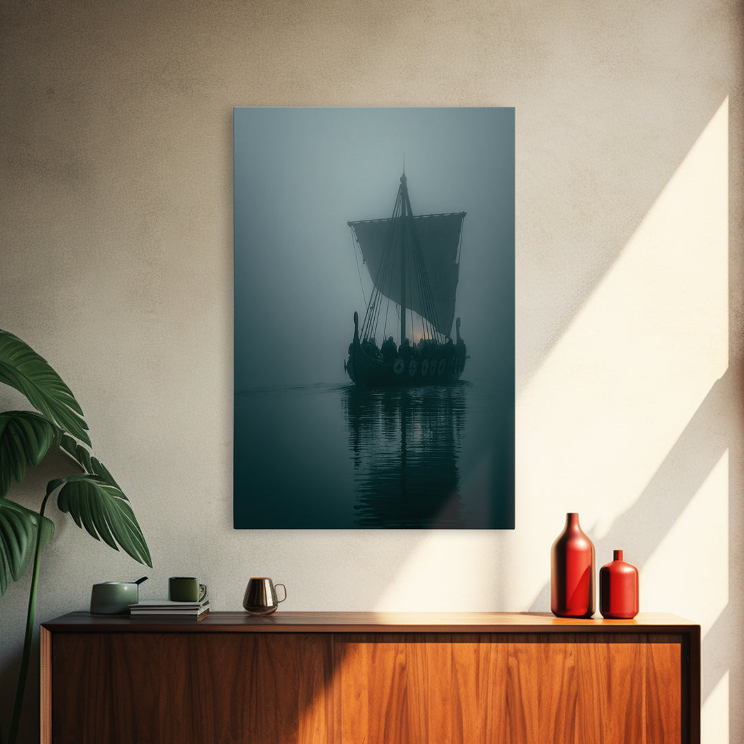 Misty Viking Longship On Dark Water Wall Art, Nordic Nautical Canvas Print, Moody Coastal Decor, Fantasy Seascape Living Room Art