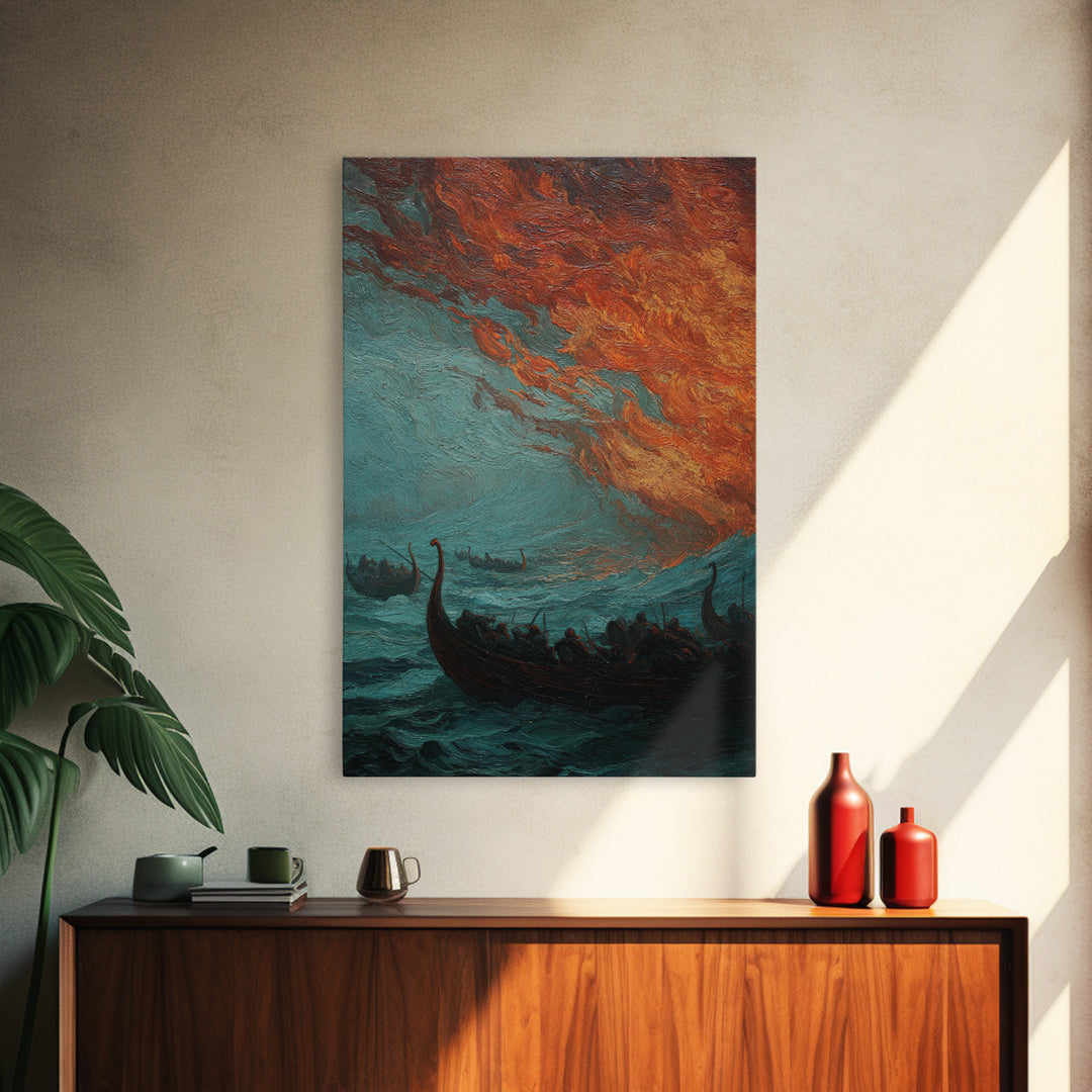 Viking Longships Under Fiery Storm Sky Wall Art, Norse Seascape Canvas Print, Dark Academia Coastal Home Decor, Living Room Decor