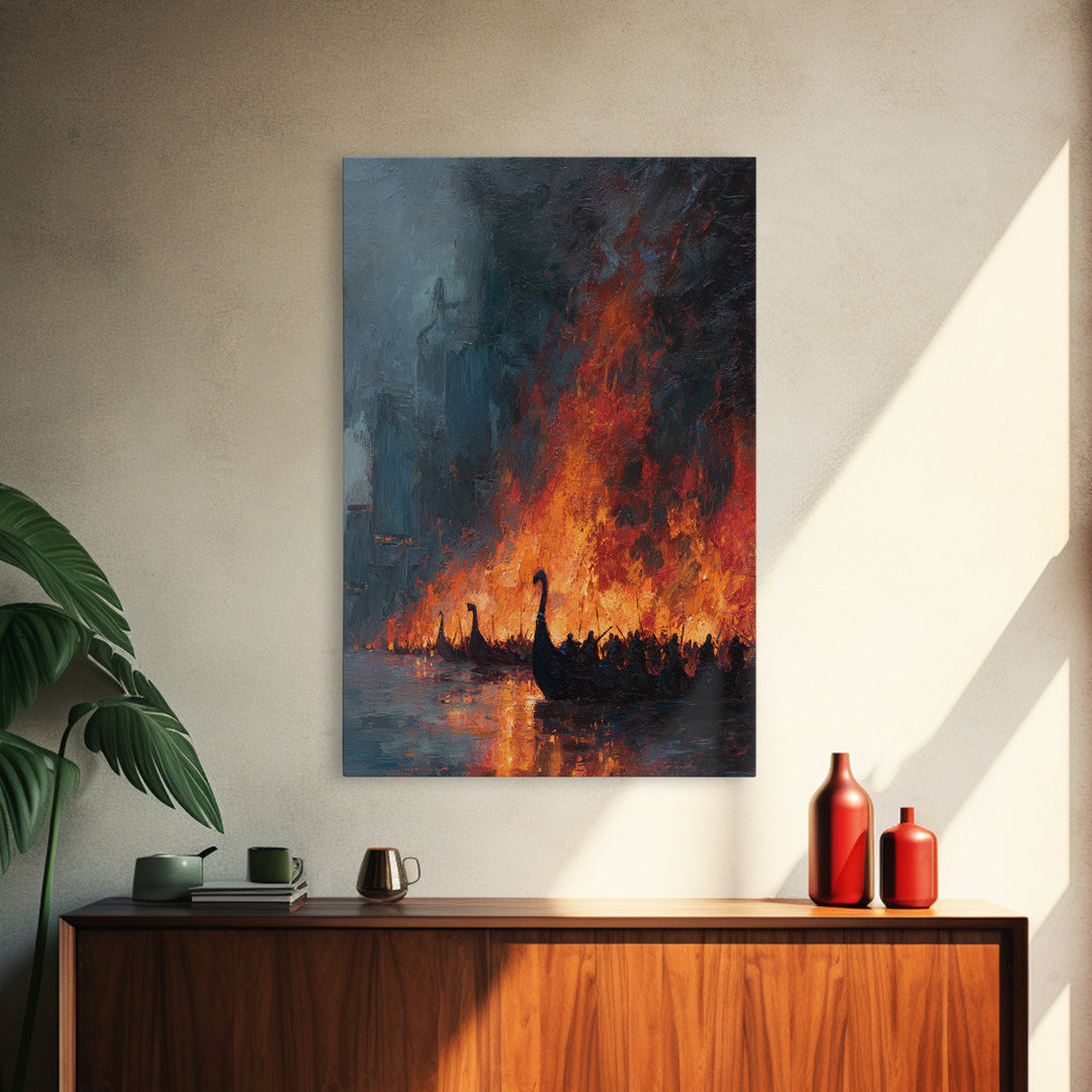 Burning Viking Ships On Dark Harbor Wall Art, Epic Historical Battle Canvas, Moody Seascape, Fantasy Living Room Decor, Home Decor