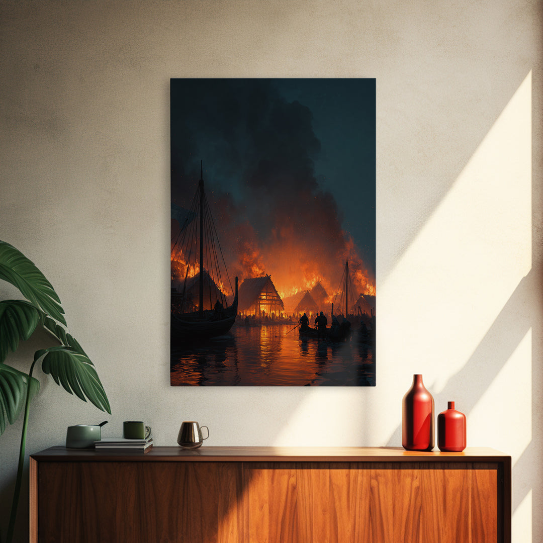 Burning Viking Harbor At Night Wall Art, Nordic Village Canvas Print, Dark Fantasy Decor, Moody Seascape Living Room Art