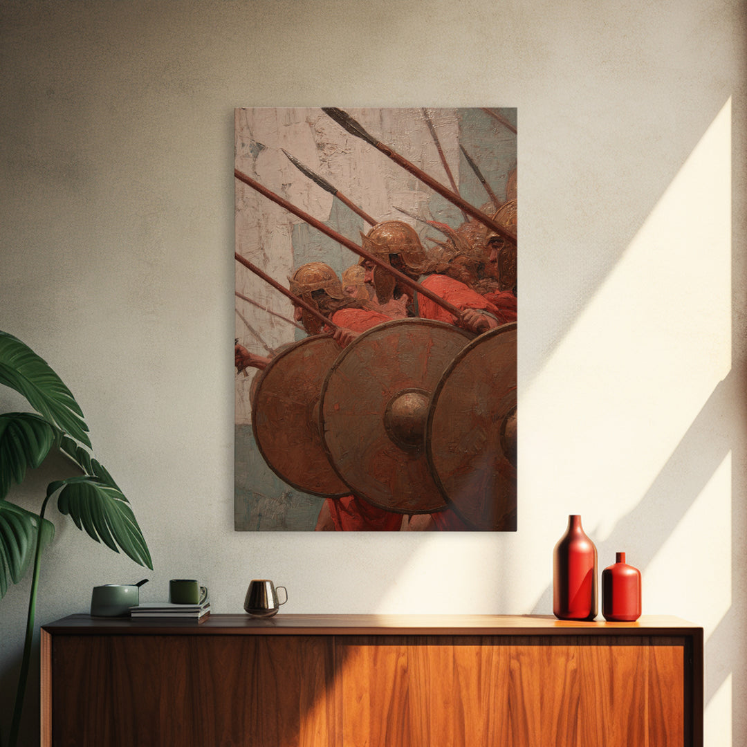 Ancient Shield Wall Canvas Print, Greek Phalanx Soldiers With Spears, Historical Battle Art For Masculine Office Decor Gift