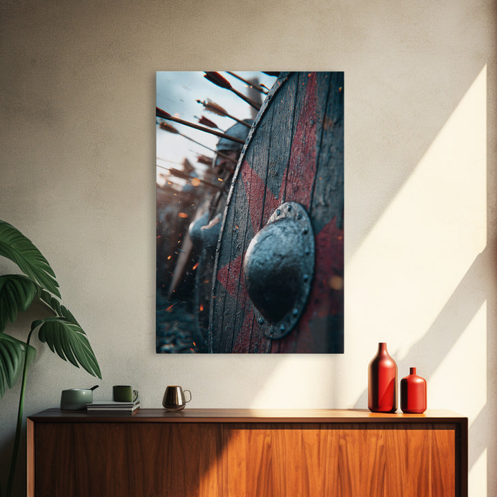 Viking Shield Battle Scene Canvas Print, Norse Warrior Decor, Medieval War Poster, Masculine Wall Art For Game Room, Gift For Him