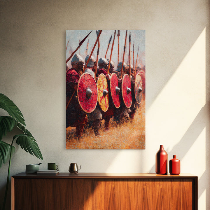 Viking Shield Wall With Red Round Shields Canvas Print, Medieval Warrior Wall Art For Rustic Game Room Decor And Gift For Him