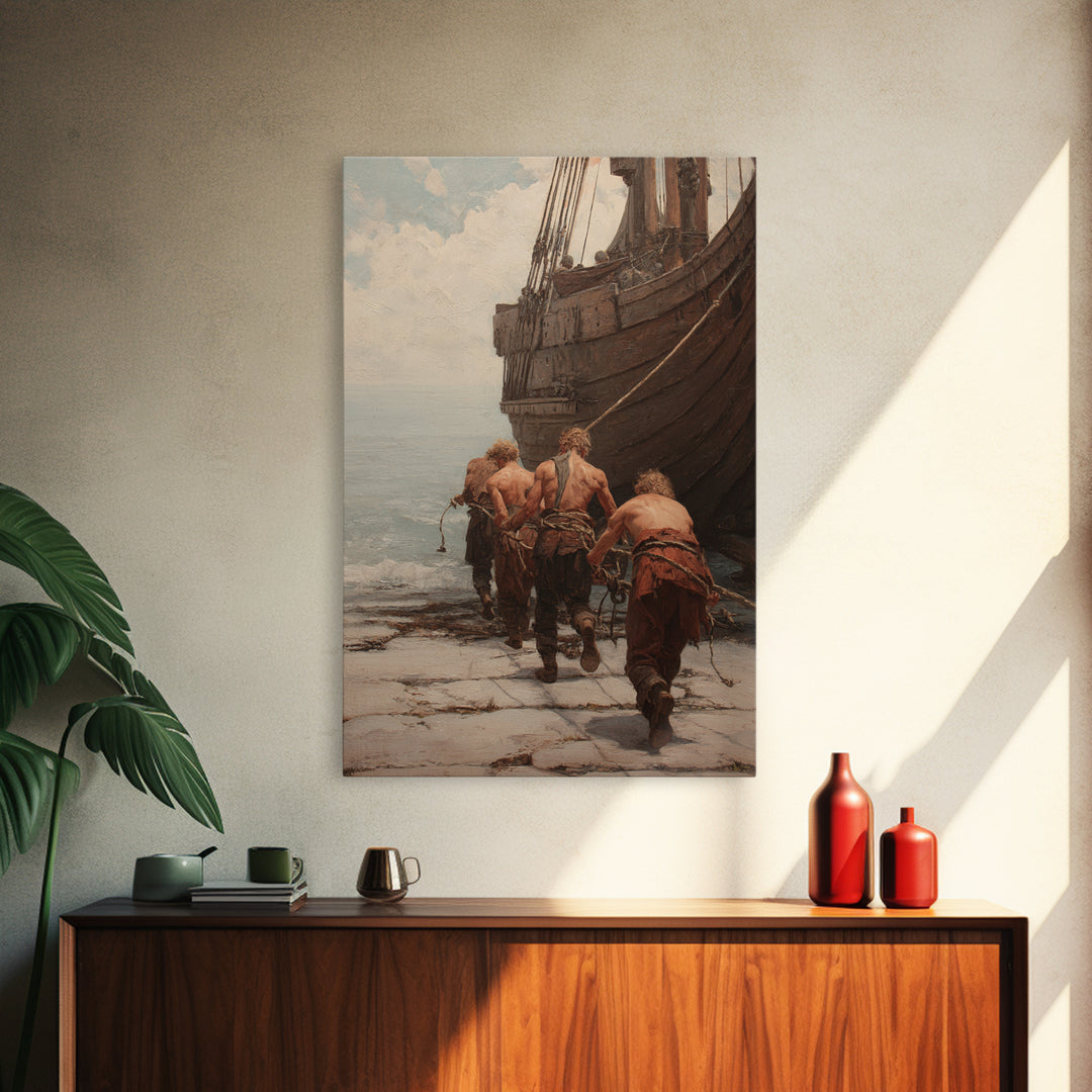 Ancient Ship Haulers Canvas Print, Roman Harbor Warrior Wall Art, Historical Oil Painting, Masculine Office Decor Gift For Him