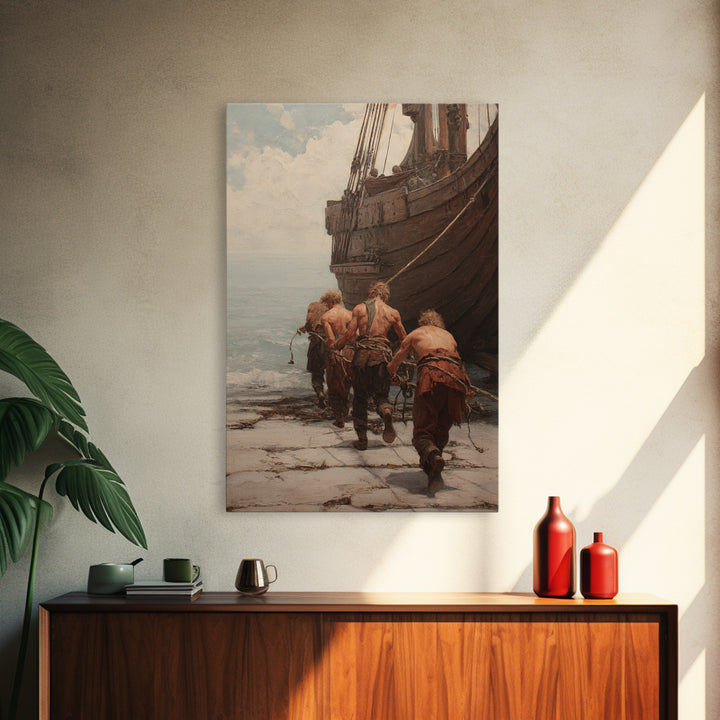 Ancient Ship Haulers Canvas Print, Roman Harbor Warrior Wall Art, Historical Oil Painting, Masculine Office Decor Gift For Him