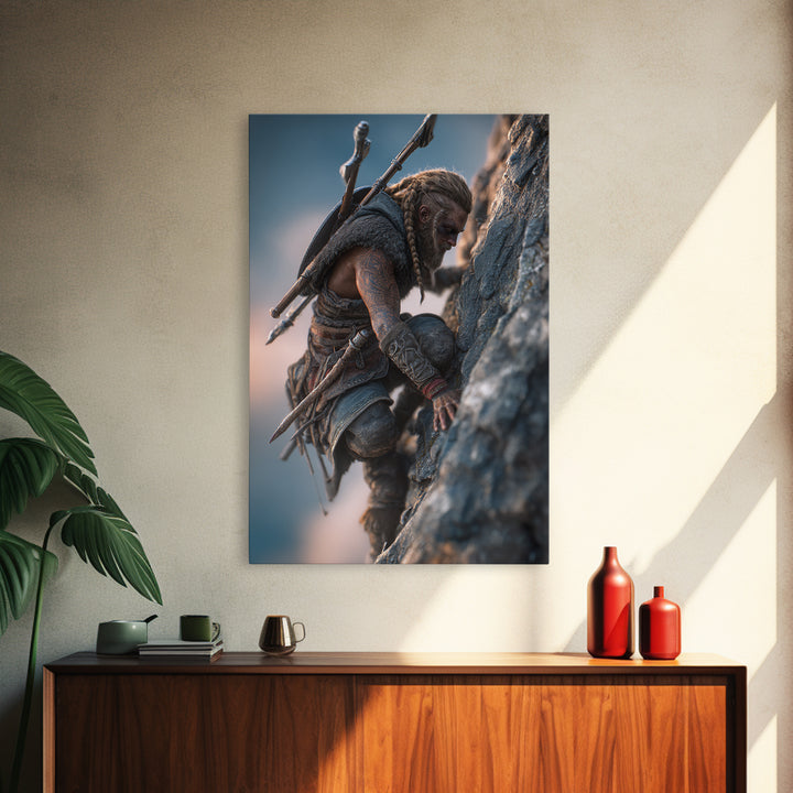 Viking Climbing Sheer Mountain Cliff Framed Canvas Print, Norse Warrior Wall Art, Fantasy Adventure Decor Print, Gift For Him
