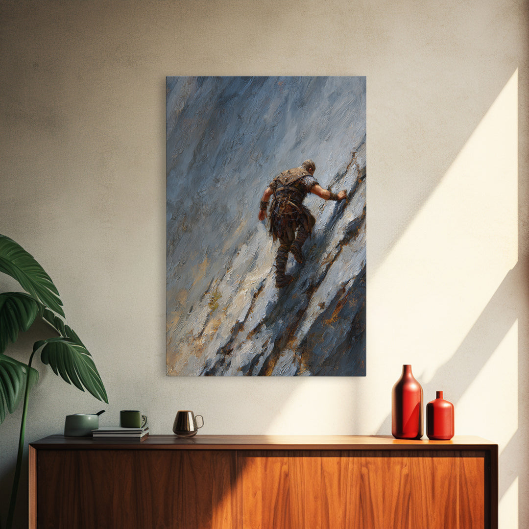 Viking Climber Scaling Icy Mountain Face Framed Canvas Print, Adventure Wall Art, Norse Landscape Office Decor, Gift For Him