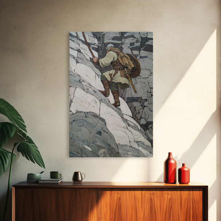 Viking Climber Scaling Snowy Cliffs Canvas Print, Norse Adventure Wall Art, Mountain Landscape Decor, Rustic Cabin Gift Print