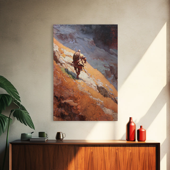 Armored Warrior Hiking Rugged Mountain Pass Canvas Print, Fantasy Landscape Art, Viking Wall Decor, Adventure Home Decor
