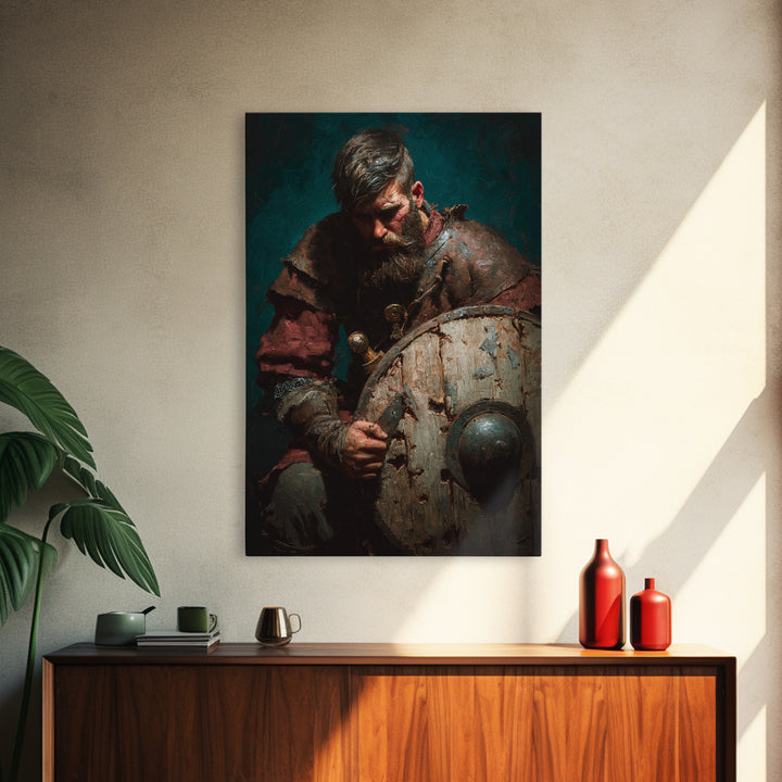 Bearded Viking With Weathered Shield, Canvas Print, Dark Academia Wall Decor, Medieval Portrait Art, Masculine Office Decor
