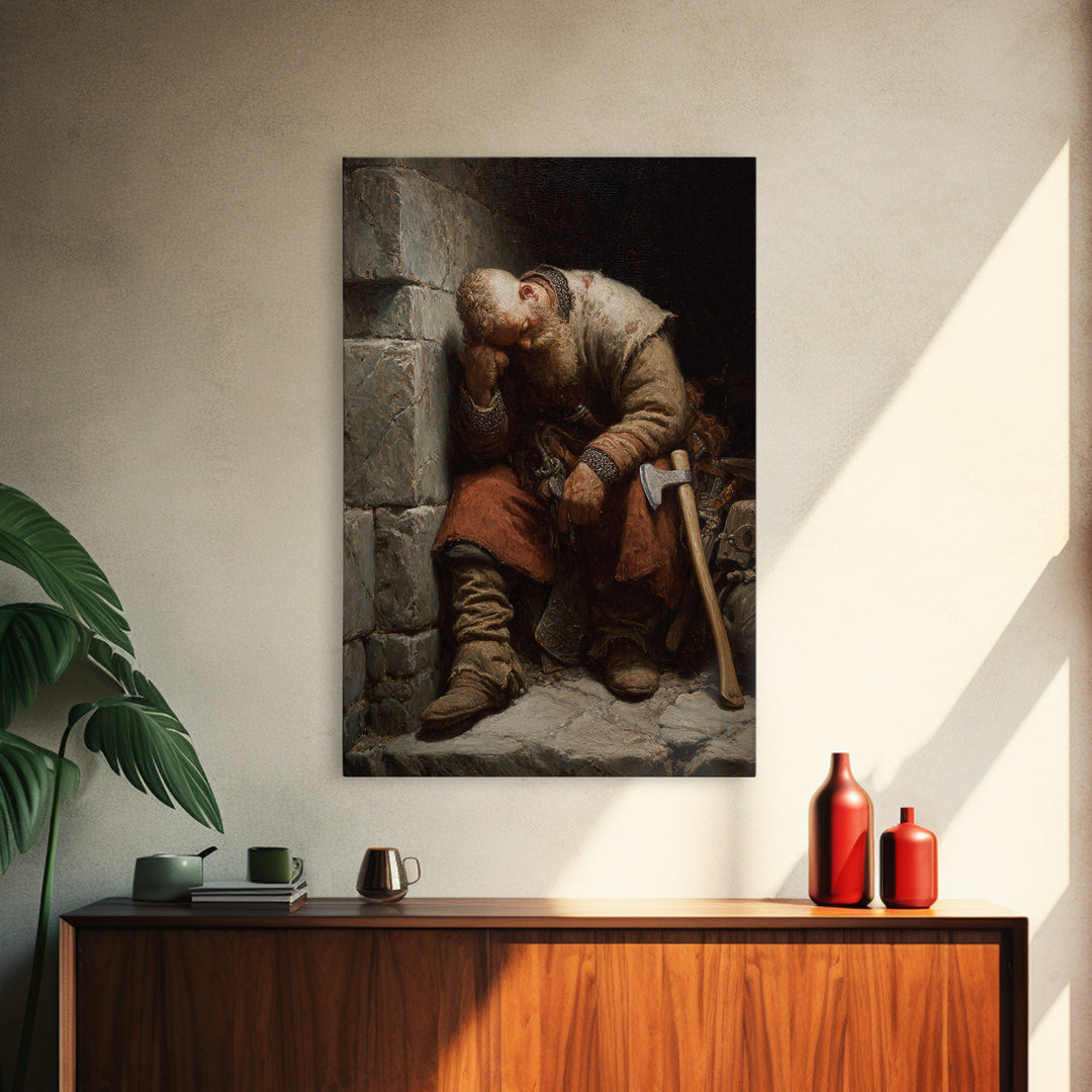 Exhausted Medieval Blacksmith Sleeping By Stone Wall, Canvas Print, Rustic Wall Art, Historical Portrait, Workshop Decor