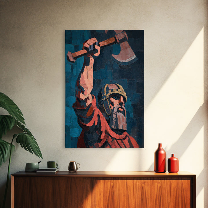 Rustic Viking Warrior Axe Holding Oil Painting Canvas Print For Masculine Wall Art And Western Home Decor