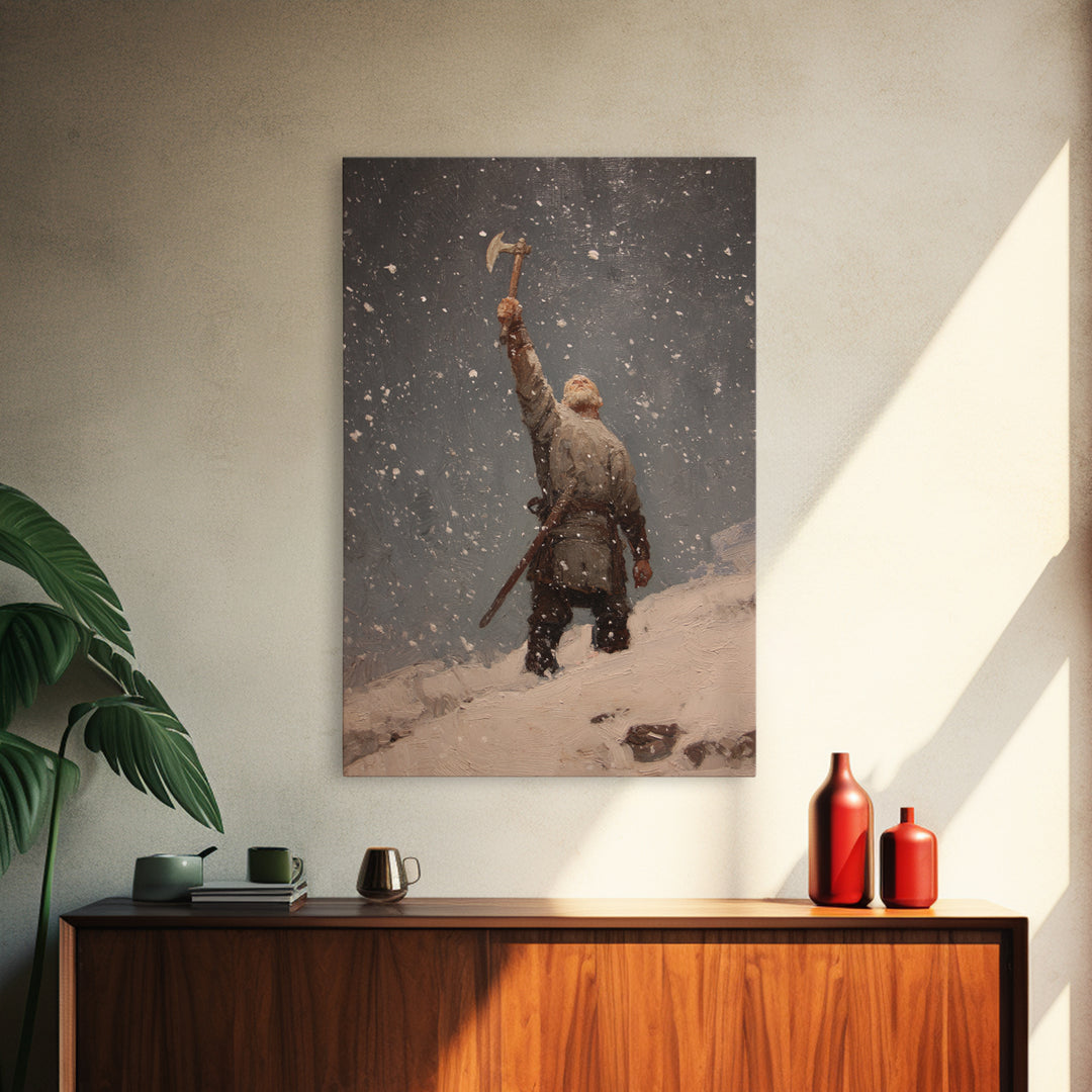Snowy Viking Warrior Raising Axe, Medieval Fantasy Wall Art, Nordic Oil Painting Print, Rustic Cabin Decor, Gift For Him