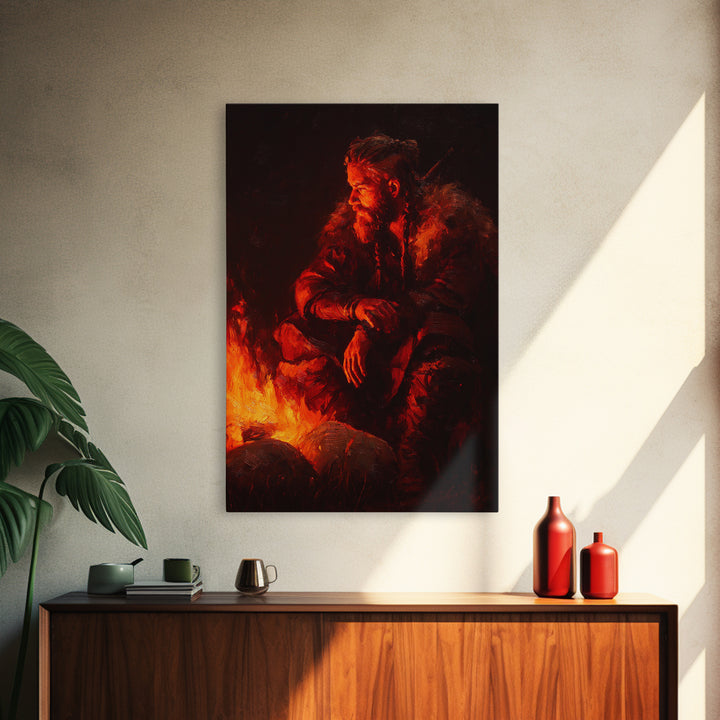 Viking Inspired Bearded Warrior Sitting By Campfire Dramatic Oil Painting Large Framed Canvas Print For Moody Wall Art Rustic Home Décor
