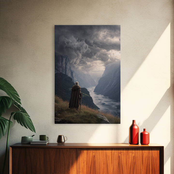 Cloaked Warrior Over Stormy Fjord Wall Art, Epic Nordic Landscape Canvas Print, Dark Academia Decor, Mountain Art Living Room Decor