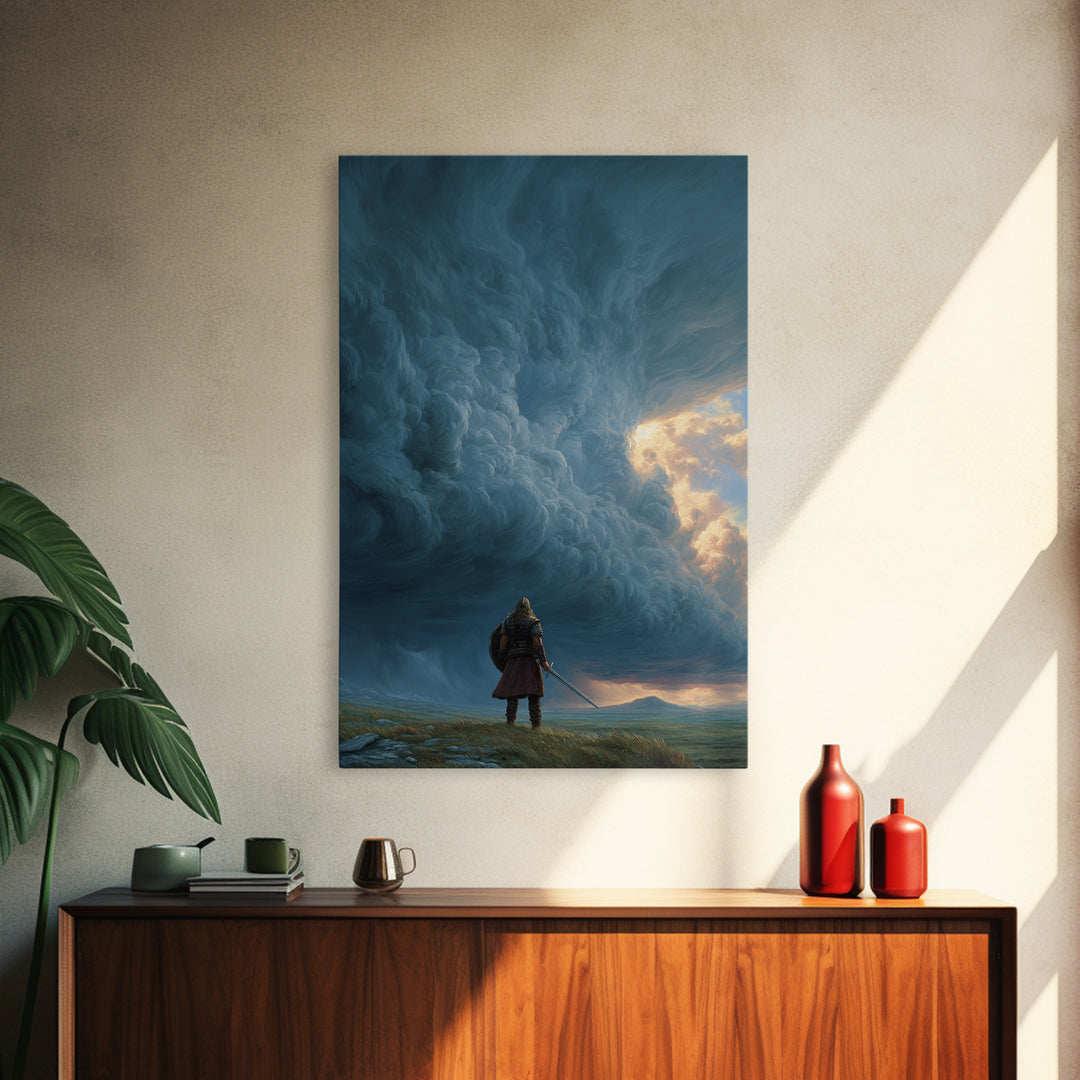 Lone Warrior Beneath Colossal Storm Clouds Wall Art, Fantasy Landscape Canvas, Dramatic Sky Decor, Large Statement Artwork