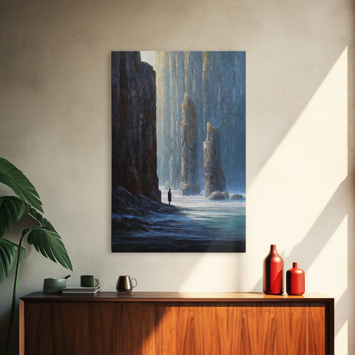 Lone Figure Among Blue Sea Cliffs Canvas Print, Moody Coastal Landscape Art, Fantasy Wall Decor, Modern Home Decor For Office