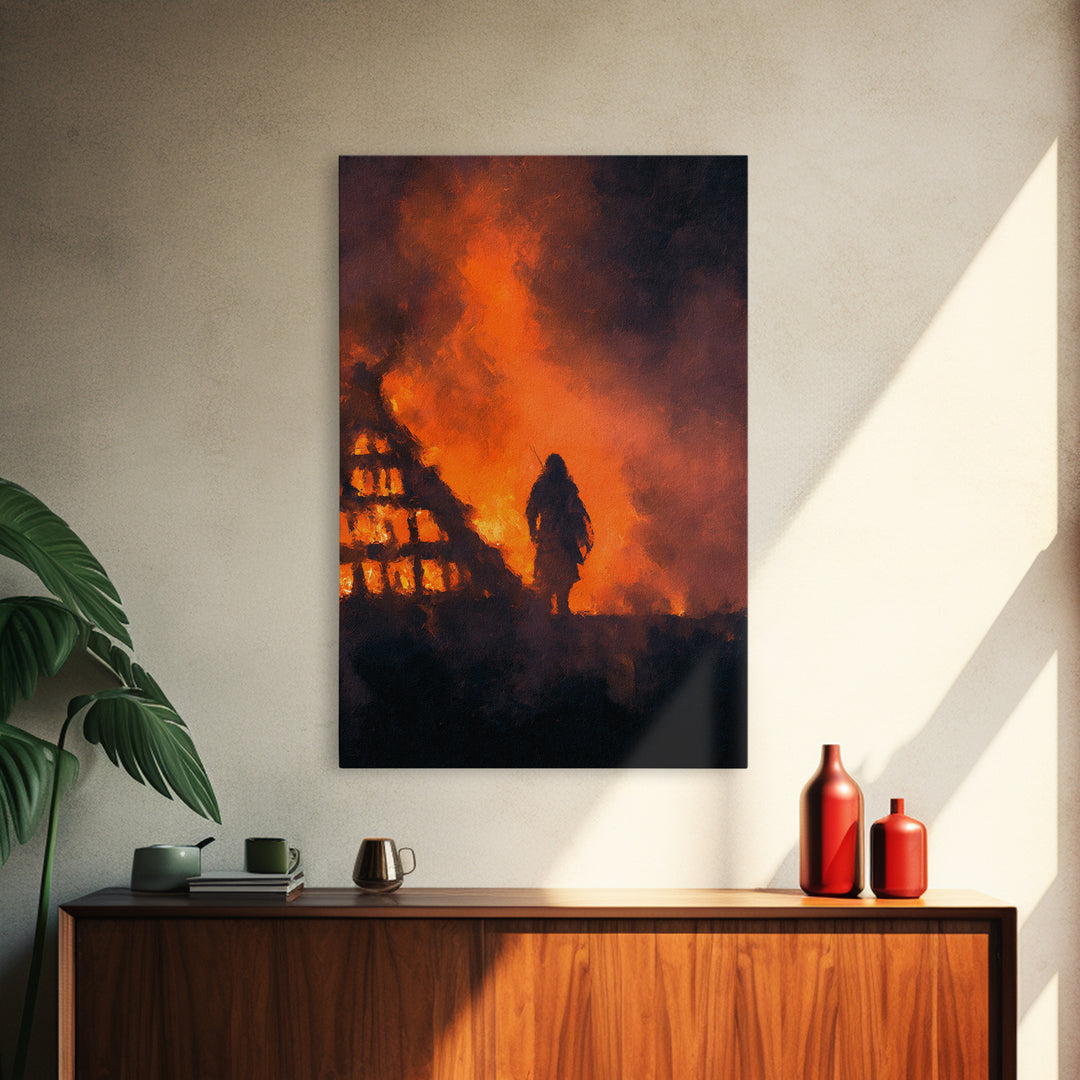 Viking Warrior In Blazing Fire Wall Art, Dark Fantasy Canvas Print, Medieval Battle Decor, Norse Saga Gift For Him, Gothic Decor