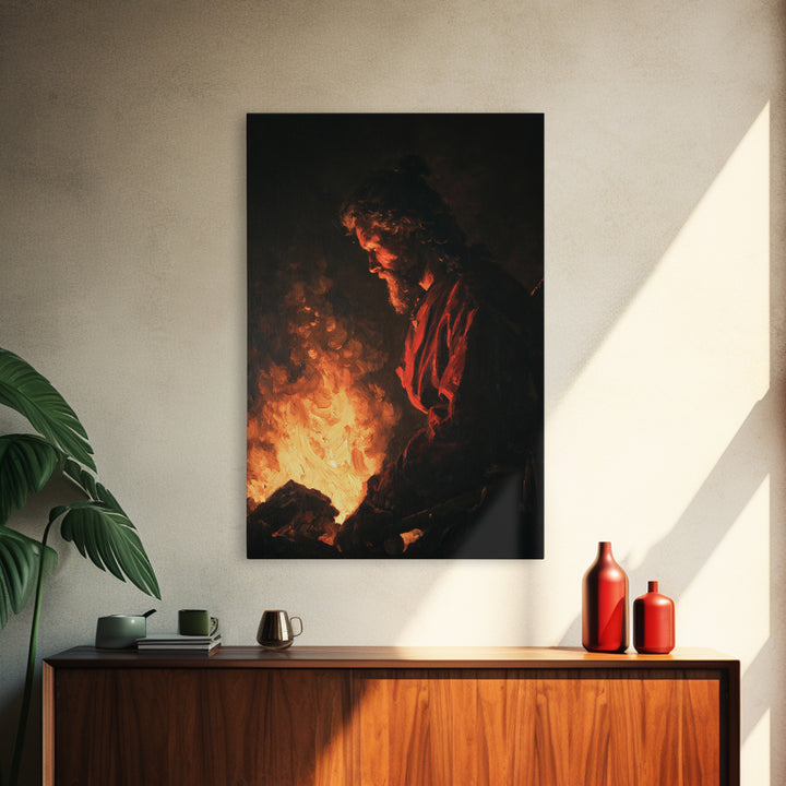 Moody Man Beside Fire Canvas Print, Dark Academia Wall Art, Baroque Inspired Portrait, Rustic Cabin Decor, Gift For Him Print