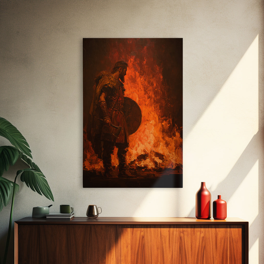 Viking Warrior Beside Blazing Fire Framed Canvas Print, Dark Fantasy Wall Art, Norse Masculine Home Decor, Gift For Him, Office Decor