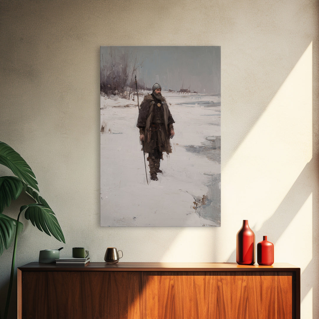 Viking Warrior In Snow Canvas Print, Medieval Winter Landscape Painting, Nordic Wall Art For Rustic Cabin Home Decor Gift