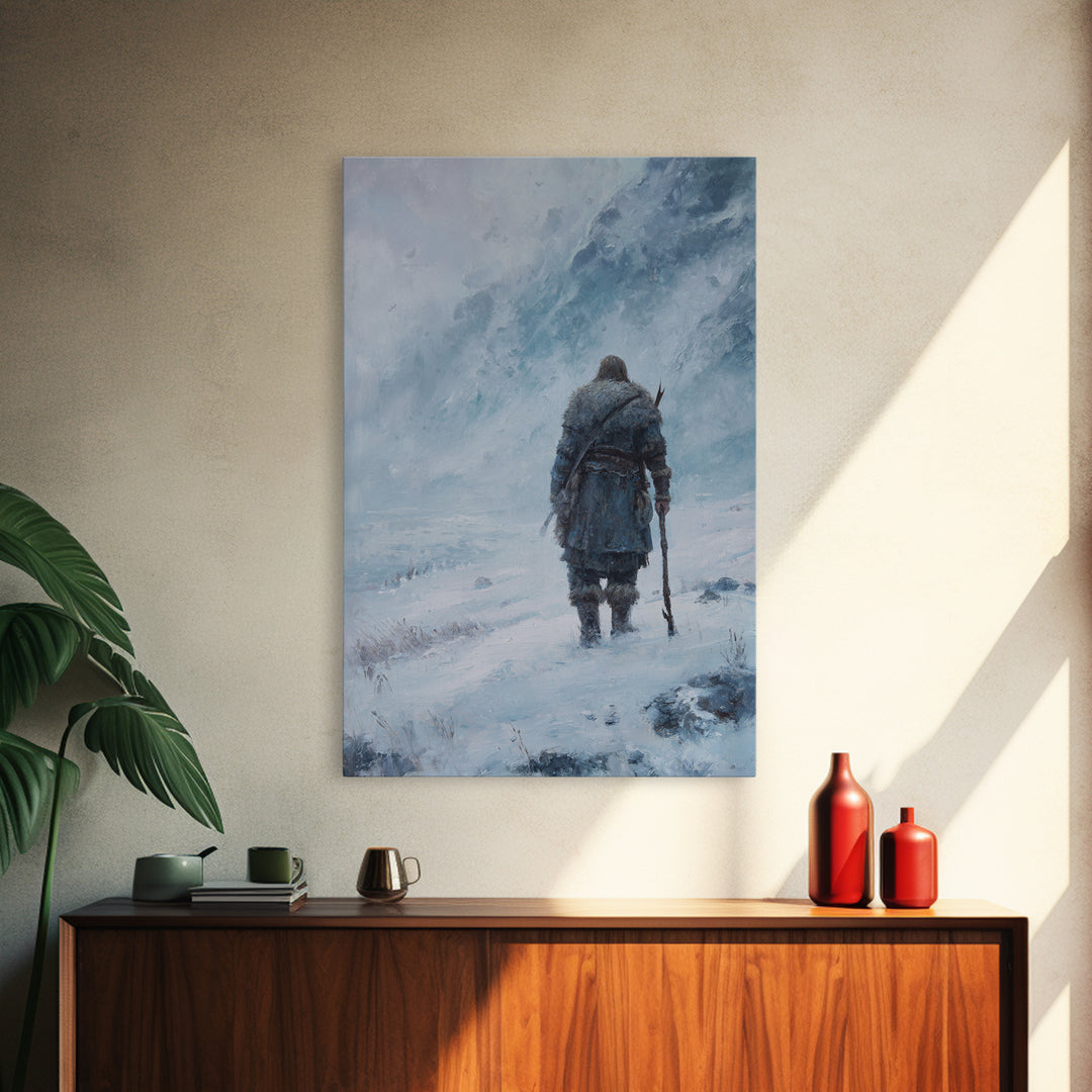 Lone Wanderer In Snowy Mountain Blizzard Wall Art, Viking Winter Landscape Canvas Print For Cabin Decor And Gift For Him
