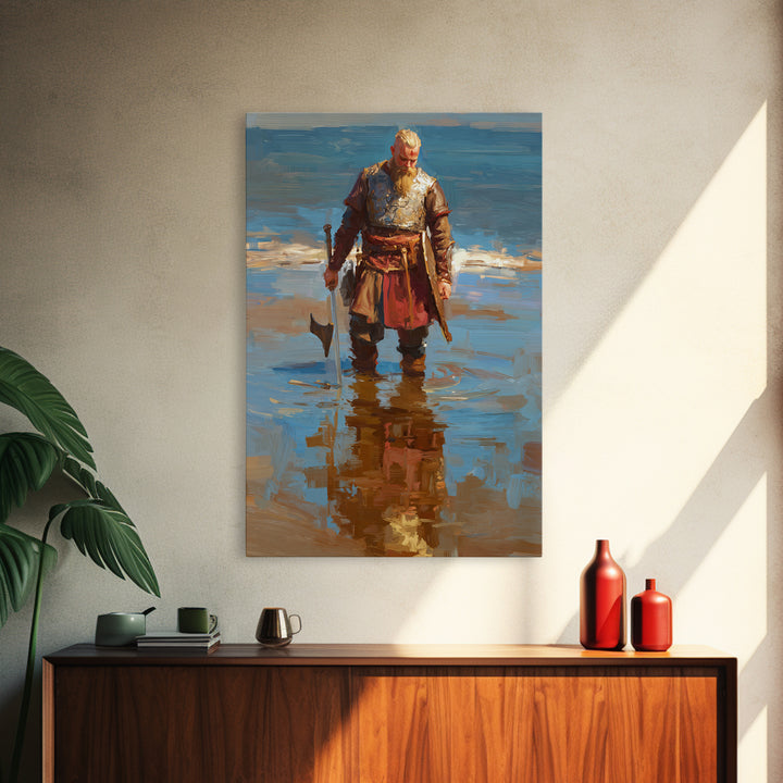 Blond Viking Warrior Standing In Reflective Shore Water Canvas Print, Coastal Fantasy Art, Masculine Wall Decor, Fine Art