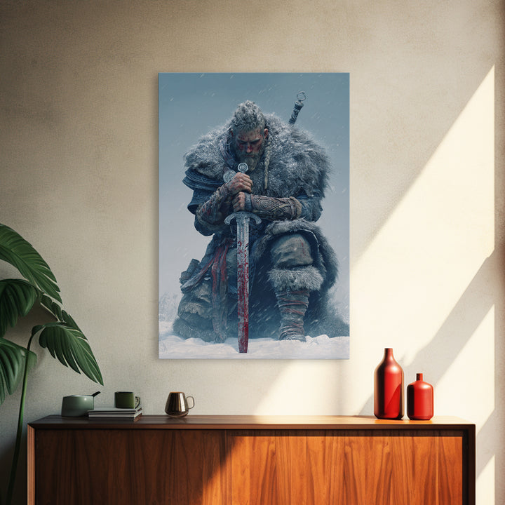 Snowbound Viking Warrior With Bloodied Sword Framed Canvas Print, Norse Wall Art, Masculine Dark Fantasy Decor, Gift For Him