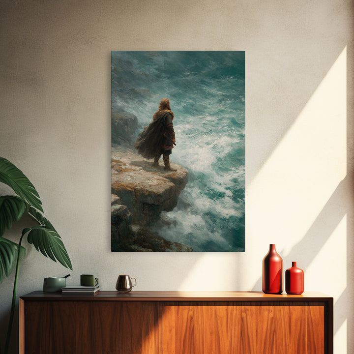 Viking Warrior At Turquoise Sea Wall Art, Coastal Fantasy Canvas Print, Ocean Seascape Painting, Norse Decor Gift For Him