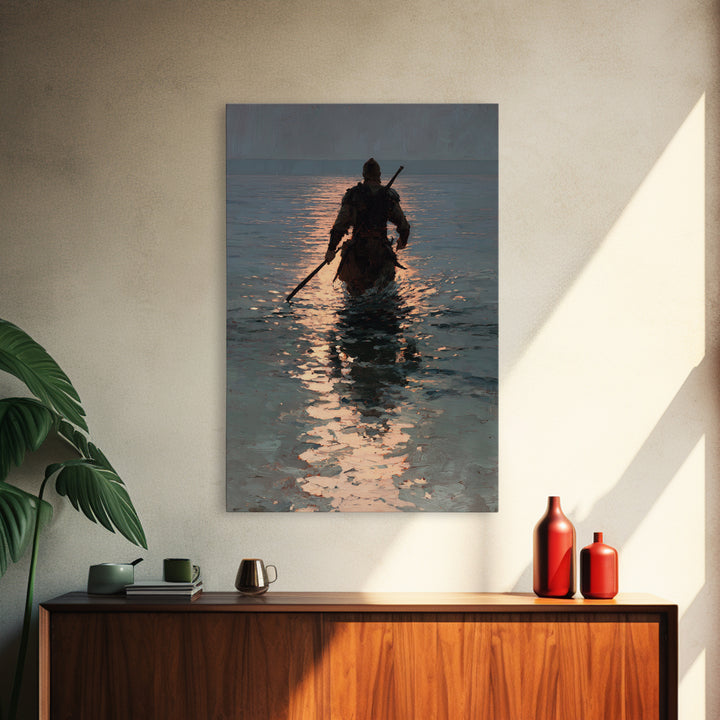 Lone Warrior Wading Through Sunset Sea Wall Art, Moody Seascape Canvas Print, Coastal Fantasy Large Living Room And Office Decor