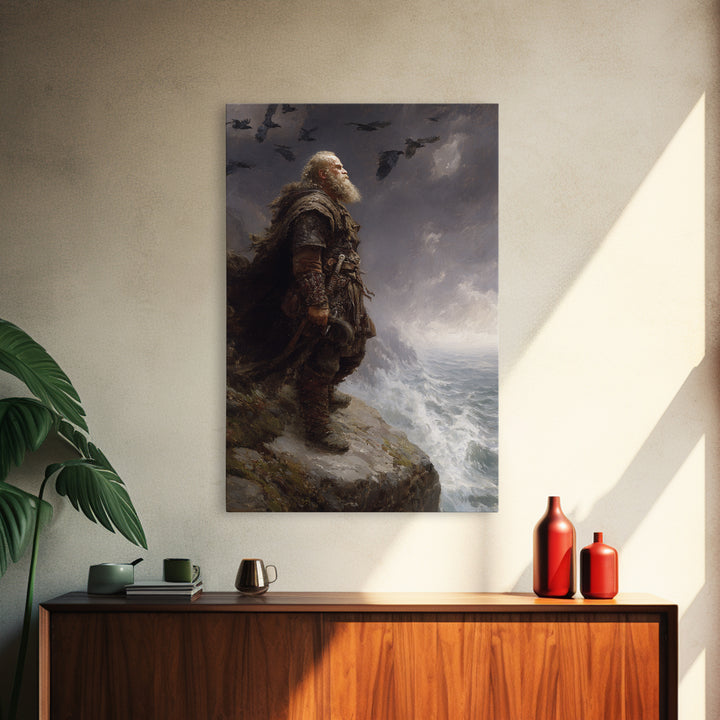 Bearded Viking On Stormy Sea Cliff Wall Art, Norse Raven Seascape Canvas Print, Dark Academia Masculine Decor, Gift For Him