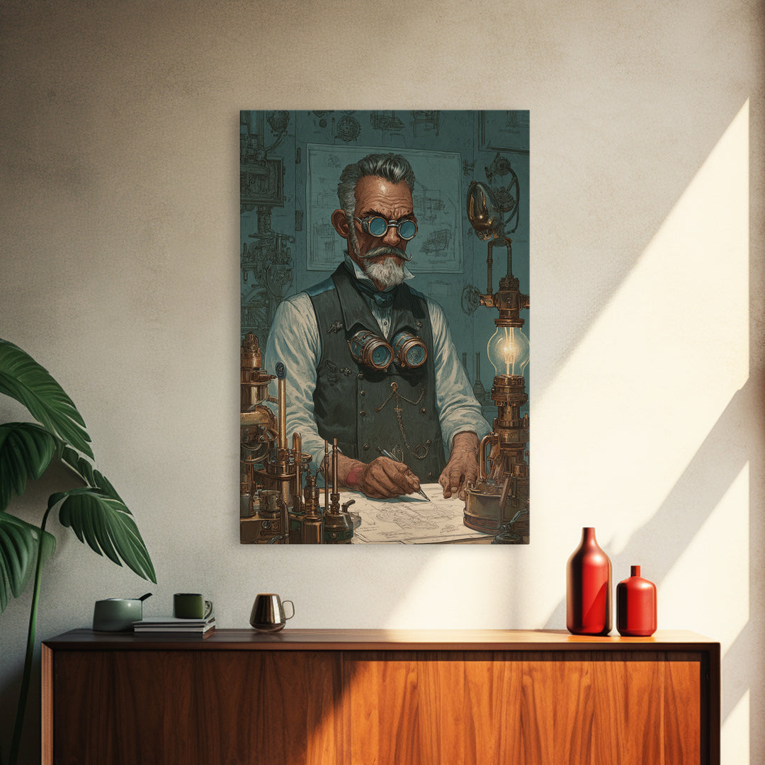 Steampunk Inventor Portrait With Goggles Wall Art, Industrial Office Decor, Science Art Print, Unique Gift For Him, Home Decor