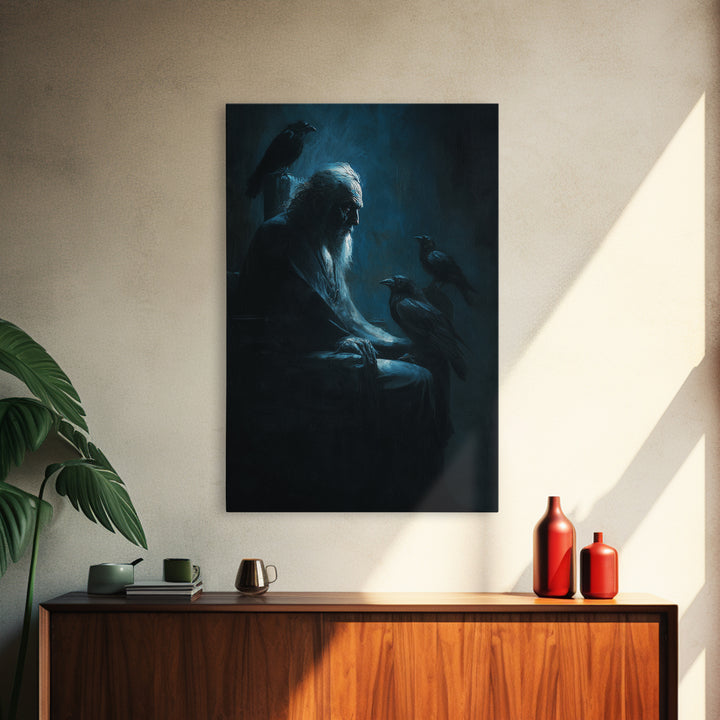 Elder With Ravens In Moody Blue Shadows Wall Art, Gothic Dark Academia Canvas Print For Living Room Decor And Unique Gift