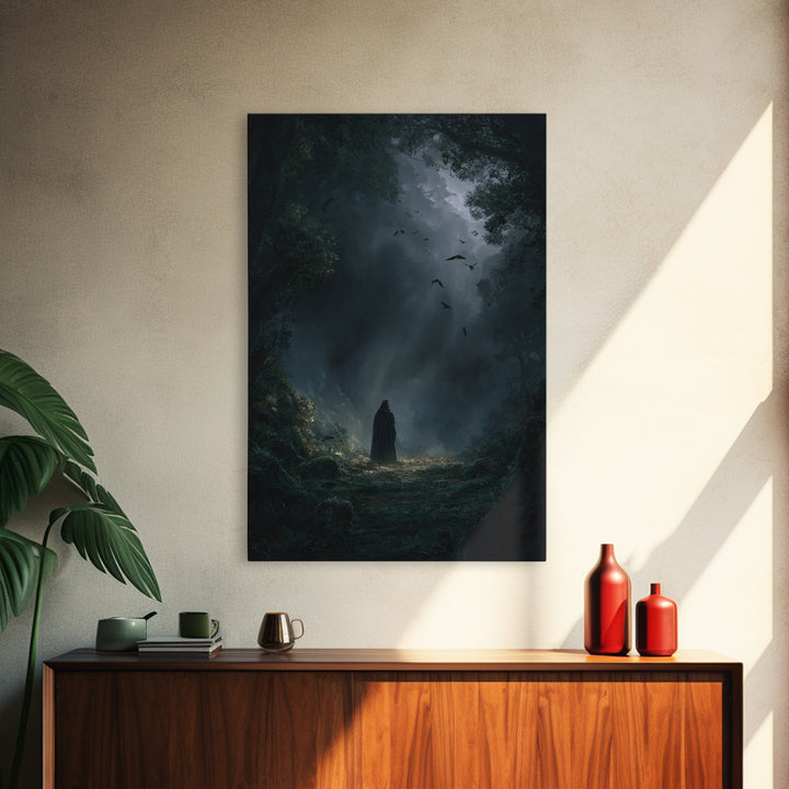 Cloaked Figure In Dark Forest Wall Art, Gothic Fantasy Canvas Print, Moody Nature Decor, Dark Academia Bedroom Wall Decor