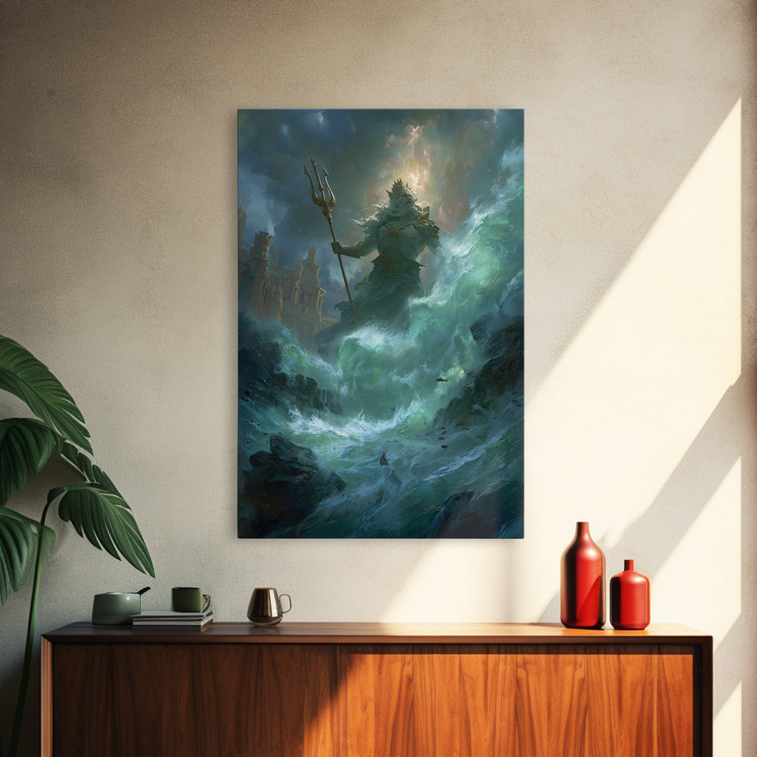 Colossal Sea God With Trident Canvas Print, Mythological Ocean Wall Art, Fantasy Seascape Decor, Dramatic Coastal Gift For Him