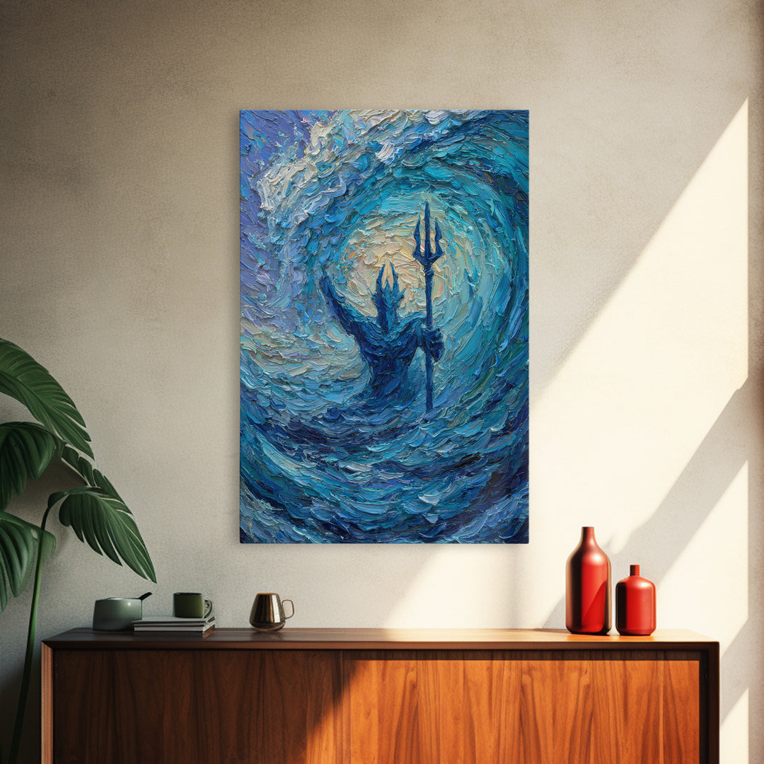 Sea God With Trident In Turquoise Wave Canvas Print, Poseidon Ocean Wall Art For Coastal Living Room Decor And Mythology Art Gift